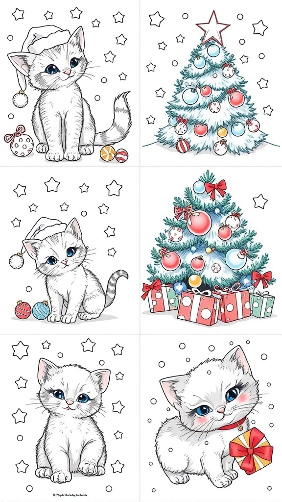 Christmas coloring pages featuring adorable kittens in festive scenes.